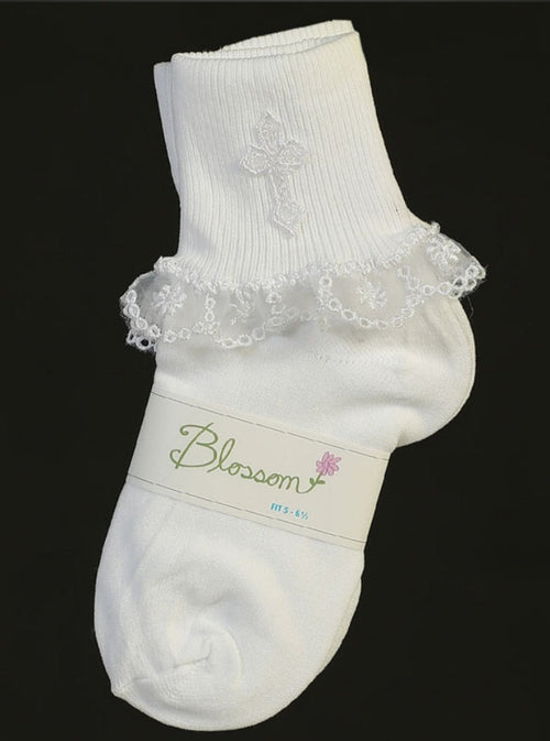 #4036 Ruffled White Christening Socks with Cross