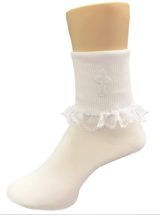 #2105 Ruffled White Communion Socks with Cross