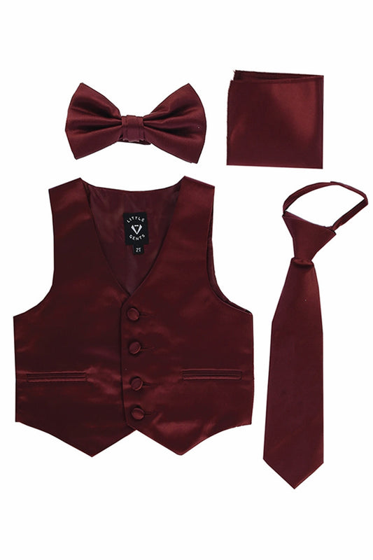 #738 Burgundy Set with Waistcoat, Necktie, Bowtie, Hanky (3m-14yrs)