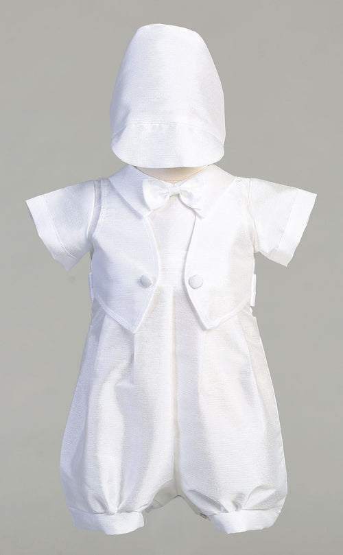 #8480 Short Poly Bengaline White Christening Romper (0-18m)