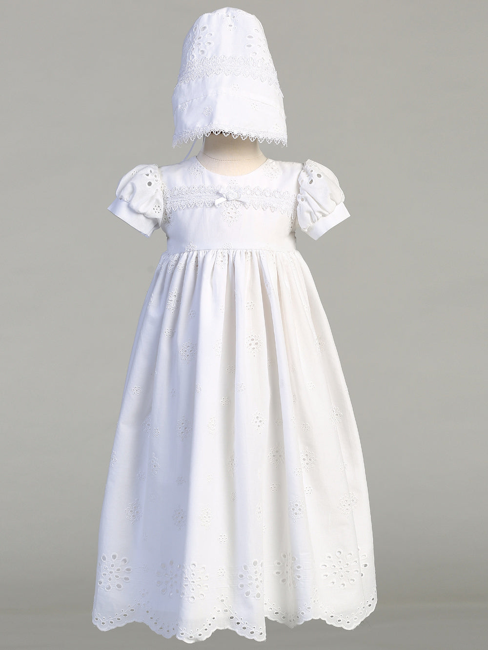 White Cotton Brodreie Anglaise Christening Gown with Matching Bonnet