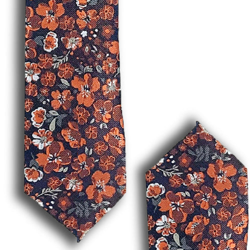 Zazzi Boys Floral Tie with Matching Pocket Square -Rust