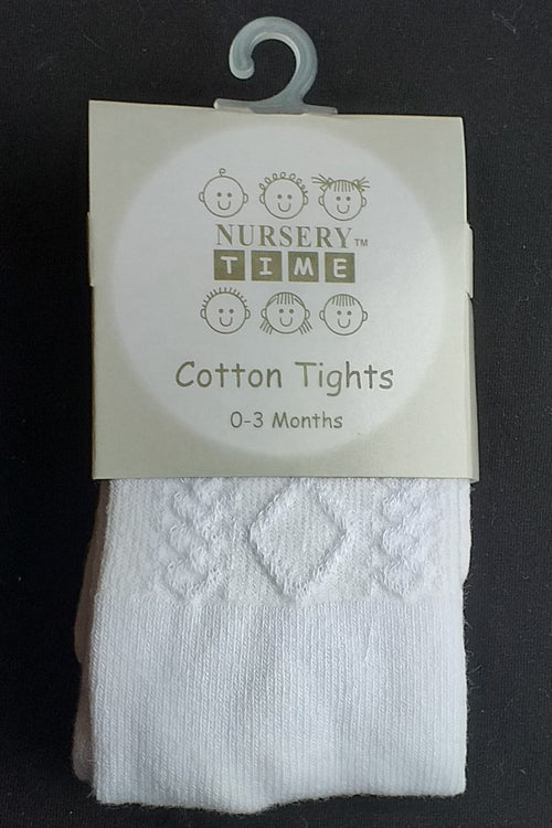 White Cotton Baby Tights with a Diamond Pattern (0-12m)