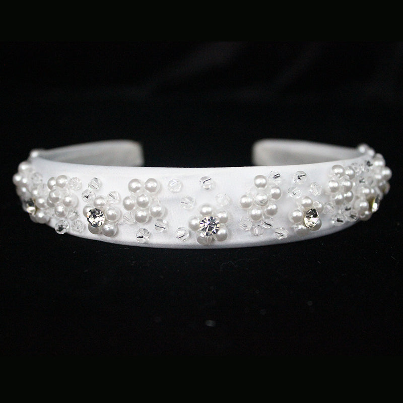 White Satin Pearled Communion Hairband