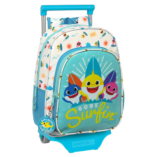 School Rucksack with Wheels Baby Shark Surfing Blue White 26 x 34 x 11 cm - Little Baby Shop