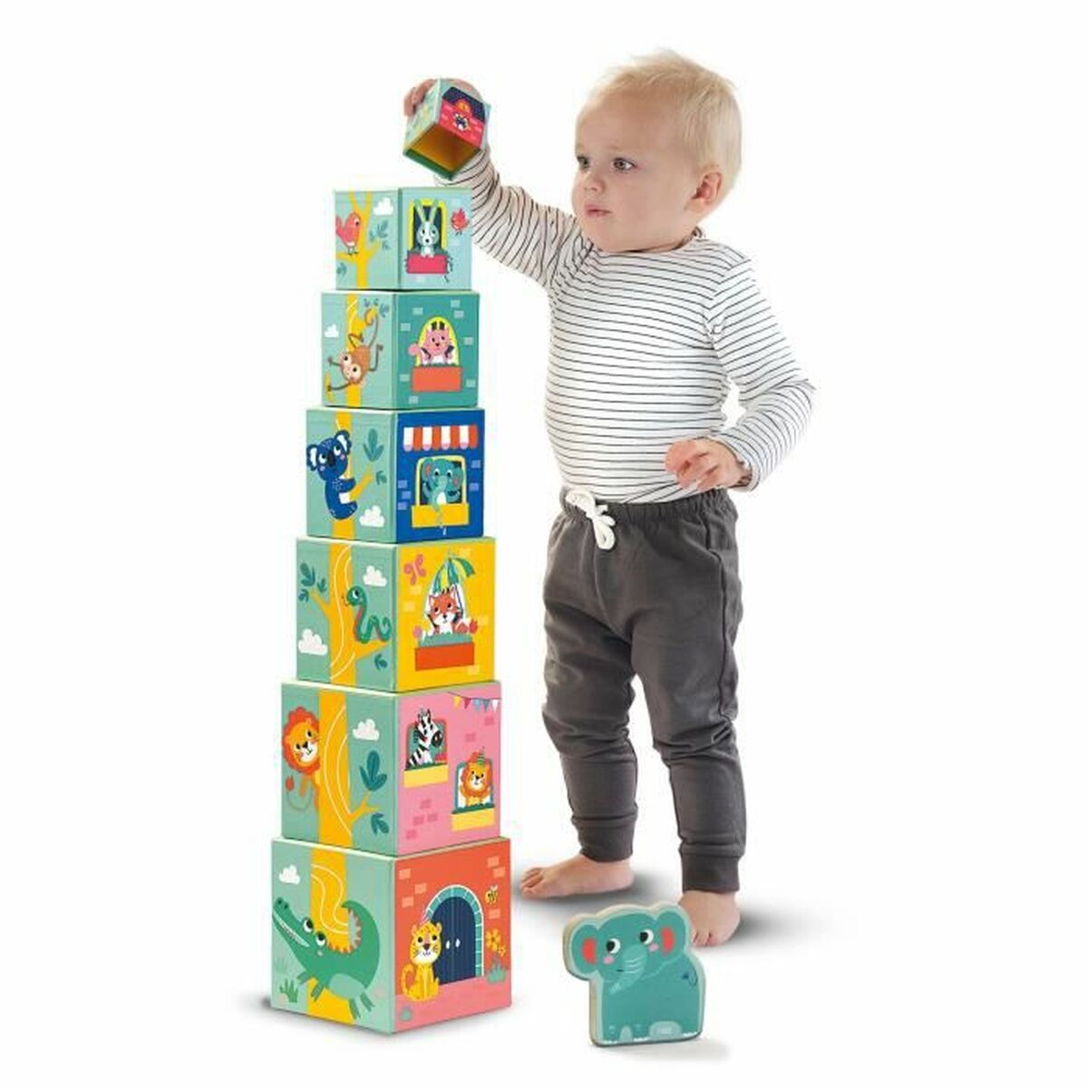 Playset SES Creative Block tower to stack with animal figurines 10 Pieces - Little Baby Shop